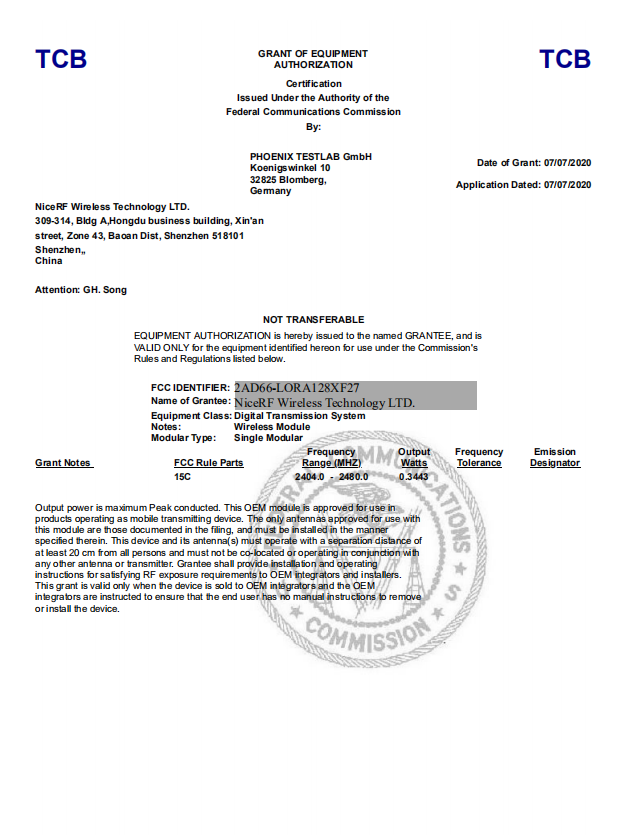 2.4 GHz RF Module LoRa1280F27/LoRa1281F27 passed FCC&CE Certification