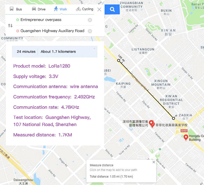 2.4 GHz module LoRa1280 transmission distance test