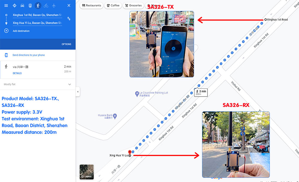 200m test: communication status of wireless audio module SA326-TX and SA326-RX