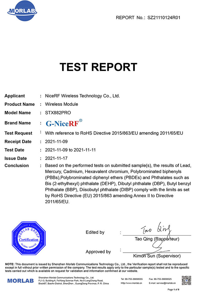 NiceRF got ROHS certificate of its new ASK transmitter module STX882Pro