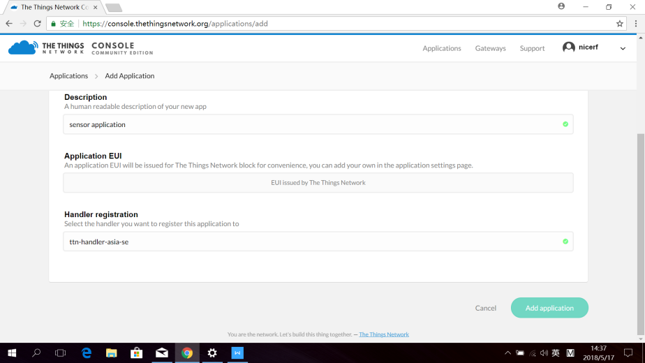 Select the Handler registration as your gateway configuration and click Add application
