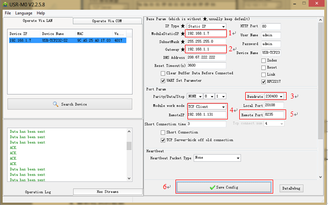 After clicking the searched device, modify the following parameters