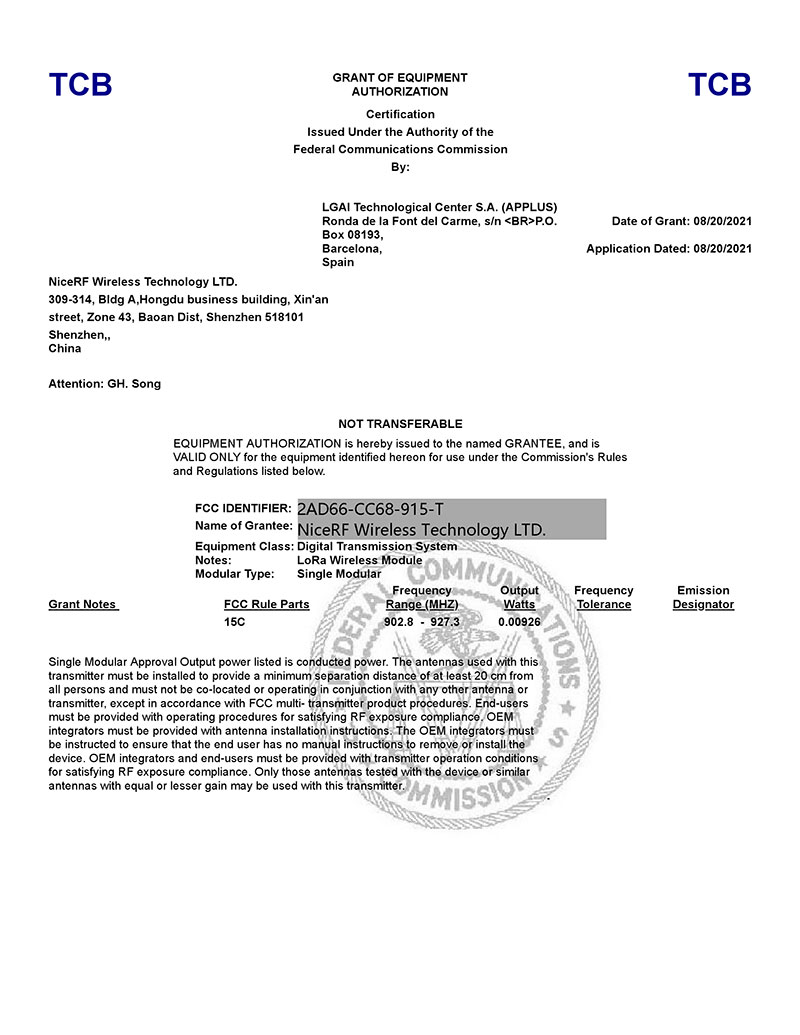 LoRa module LoRa-CC68-915-TCXO-FCC Certification