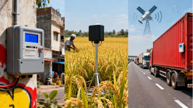 Practical applications of LoRa in India, featuring a smart meter in a city, a soil sensor in a field, and logistics tracking on a highway.