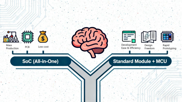 The two architectural choices for LoRa development: the SoC path leading to mass production and cost savings, versus the standard module with an MCU path, which offers design freedom and rapid prototyping.