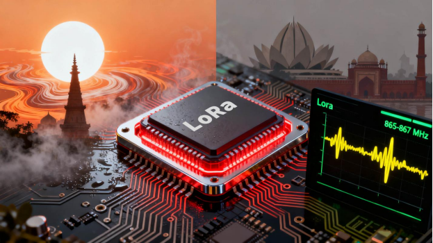 The two main challenges for LoRa modules in India: the left side shows a sun and heatwaves to symbolize high temperature and humidity, while the right side shows a spectrum analyzer with the radio frequency strictly confined to the 865-870MHz band. The two main challenges for LoRa modules in India: the left side shows a sun and heatwaves to symbolize high temperature and humidity, while the right side shows a spectrum analyzer with the radio frequency strictly confined to the 865-870MHz band.