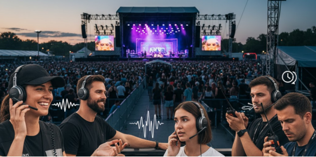 Event staff using full duplex headsets at a crowded concert.