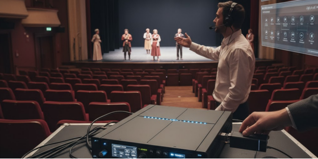 Stage director using a pro intercom system during theater rehearsal.