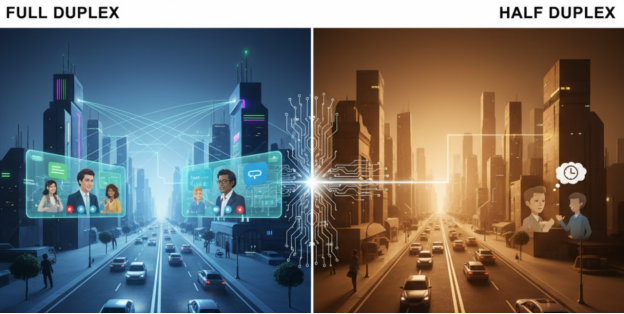Comparison image: full duplex two-way flow vs. half duplex.