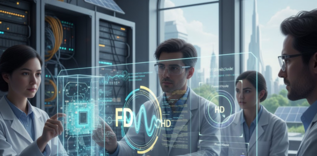 Scientists in a lab reviewing Full Duplex (FD) energy efficiency.