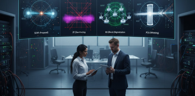 Diagram showing 4 MIMO precoding techniques like SLNR and ZF.