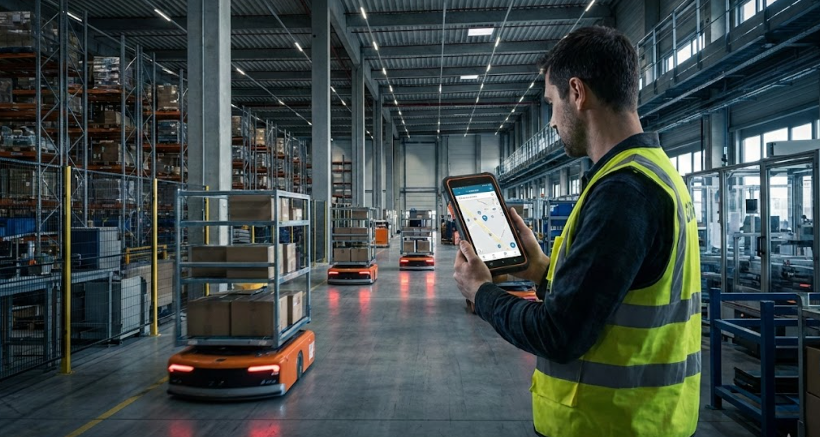 G-NiceRF engineer uses UWB device in busy, automated warehouse.