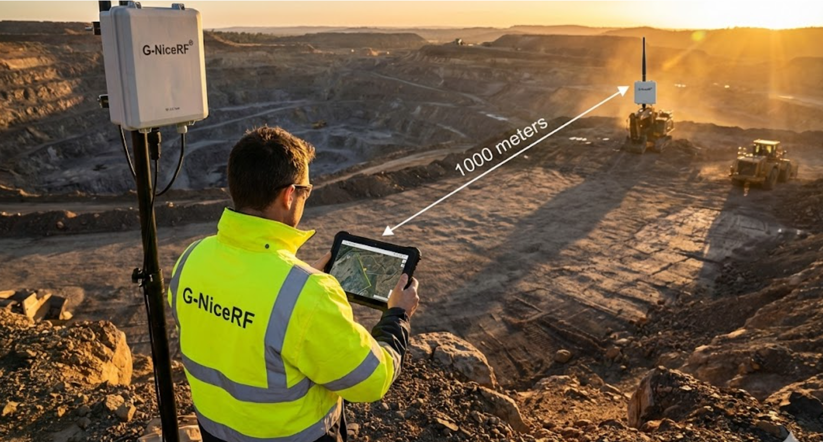 G-NiceRF technician testing 1km long-range UWB in open-pit mine.