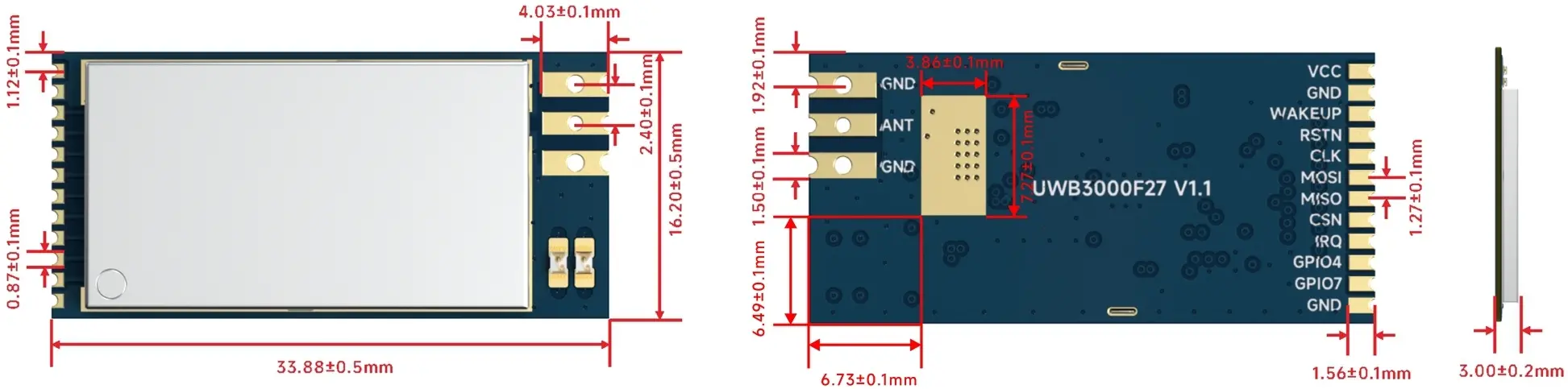 Mechanical dimensions of high - power 500mW UWB front - end module UWB3000F27 Mechanical dimensions of high - power 500mW UWB front - end module UWB3000F27