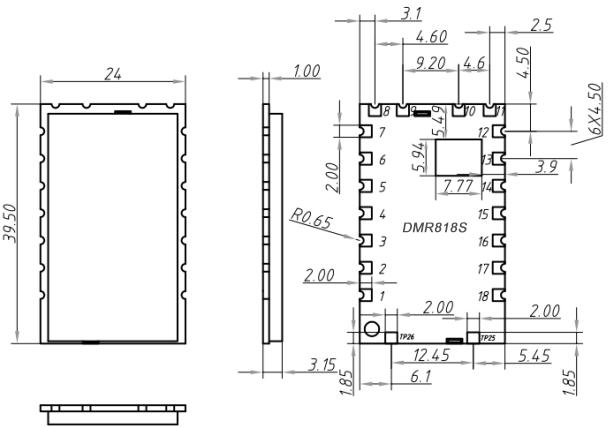 Mechanical dimensions of DMR walkie talkie module DMR818S-U. Mechanical dimensions of DMR walkie talkie module DMR818S-U.