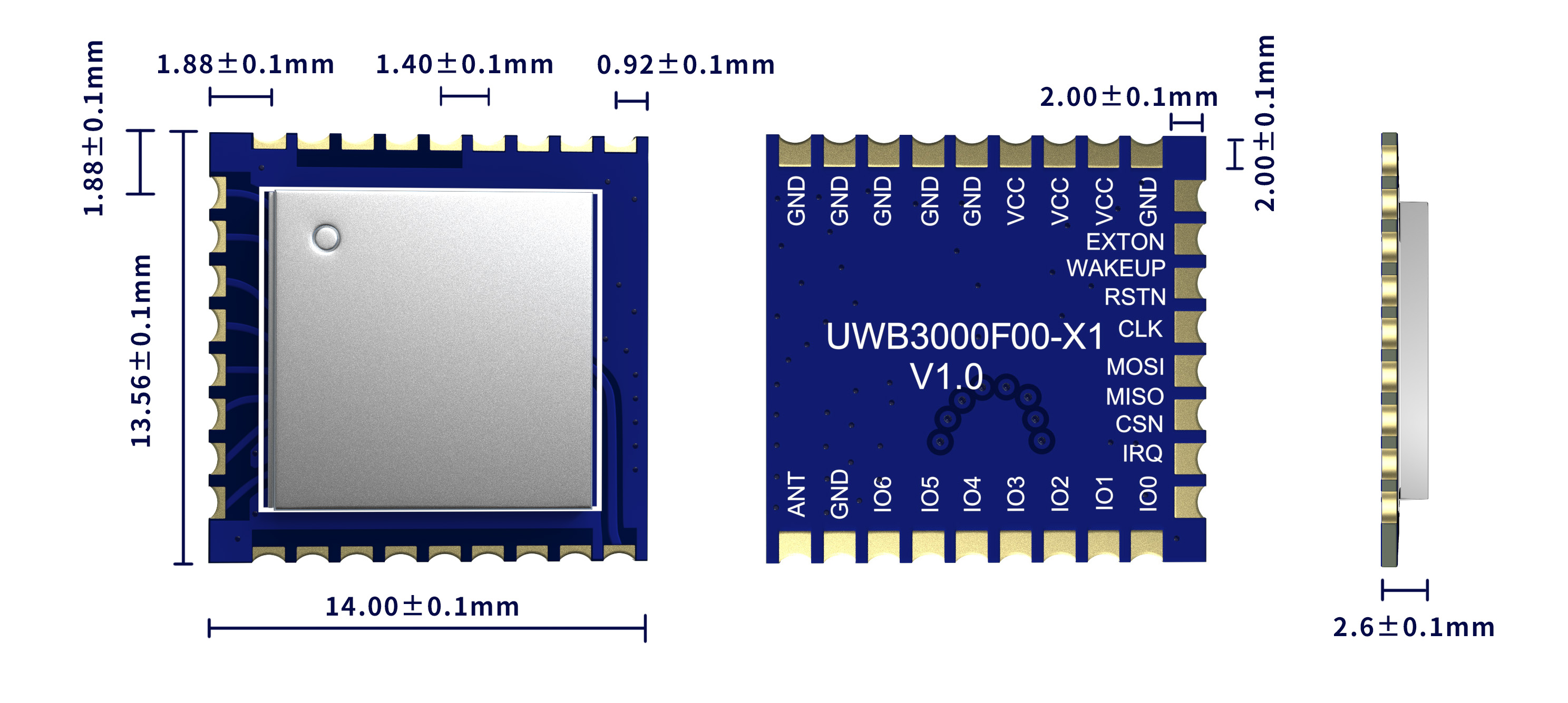 Dimensions of UWB Module UWB3000F00-X