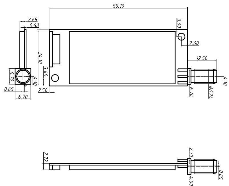 Mechanical dimensions of wireless module DMR858S. Mechanical dimensions of wireless module DMR858S.