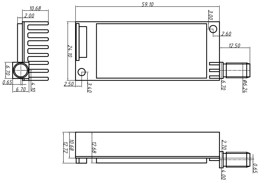 Mechanical dimensions of wireless module DMR858S. Mechanical dimensions of wireless module DMR858S.