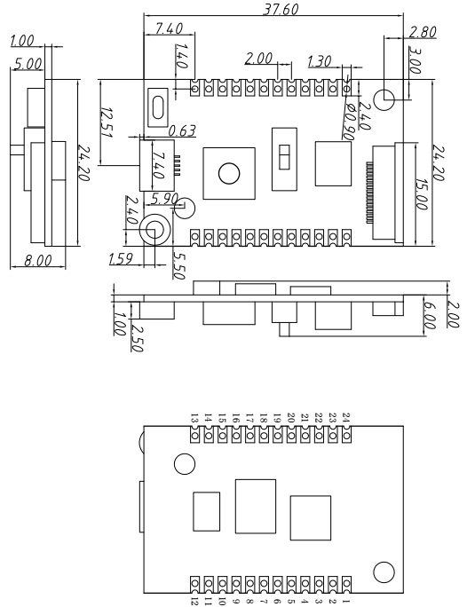Mechanical dimensions of wireless module DMR858S. Mechanical dimensions of wireless module DMR858S.