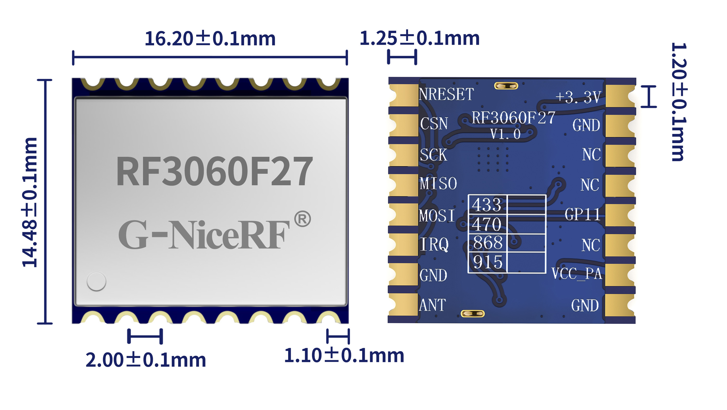 Mechanical dimensions of the wireless communication module RF3060F27