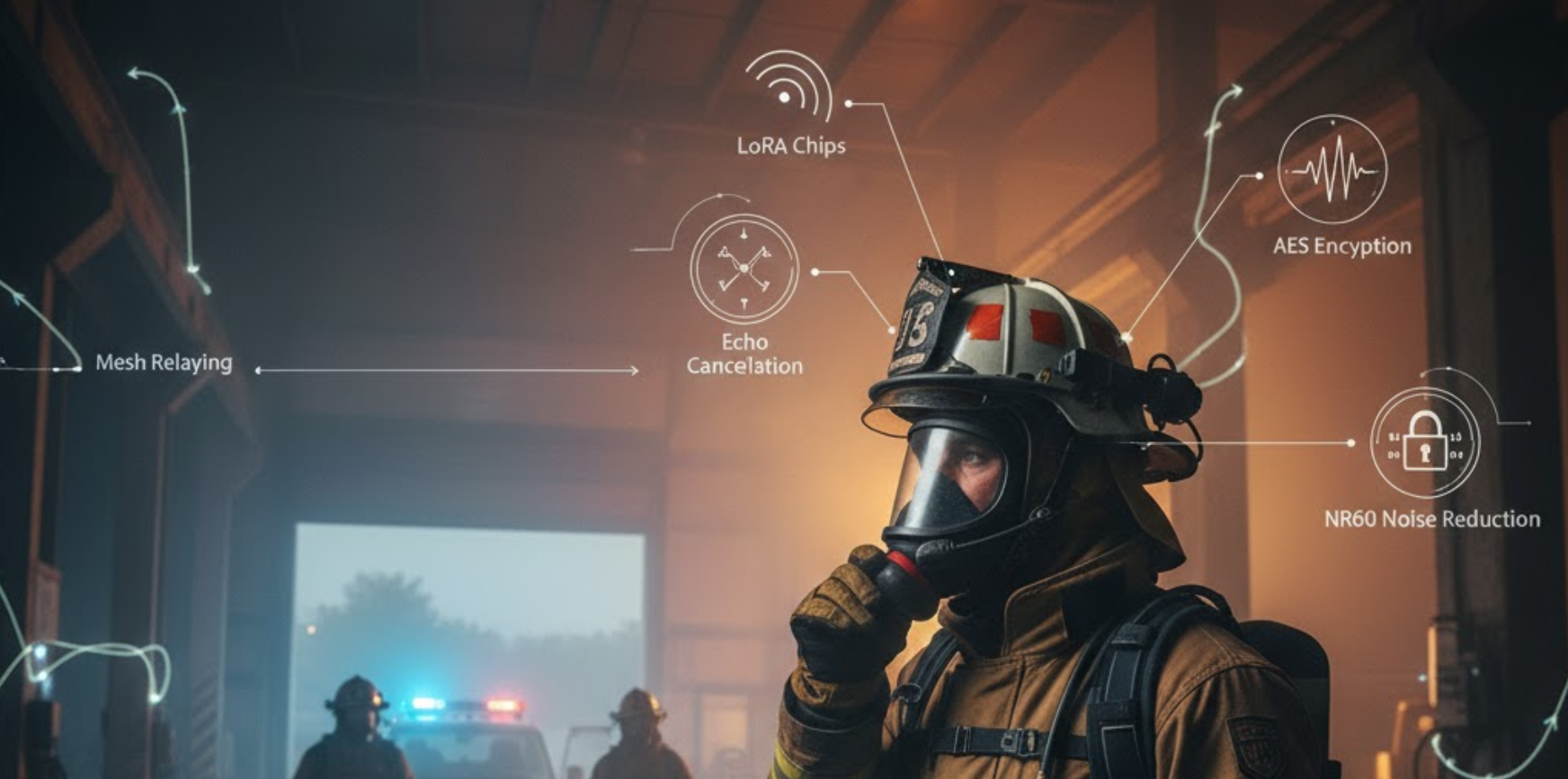 Diagram showing firefighter communication tech like Mesh, AES, and LoRa.