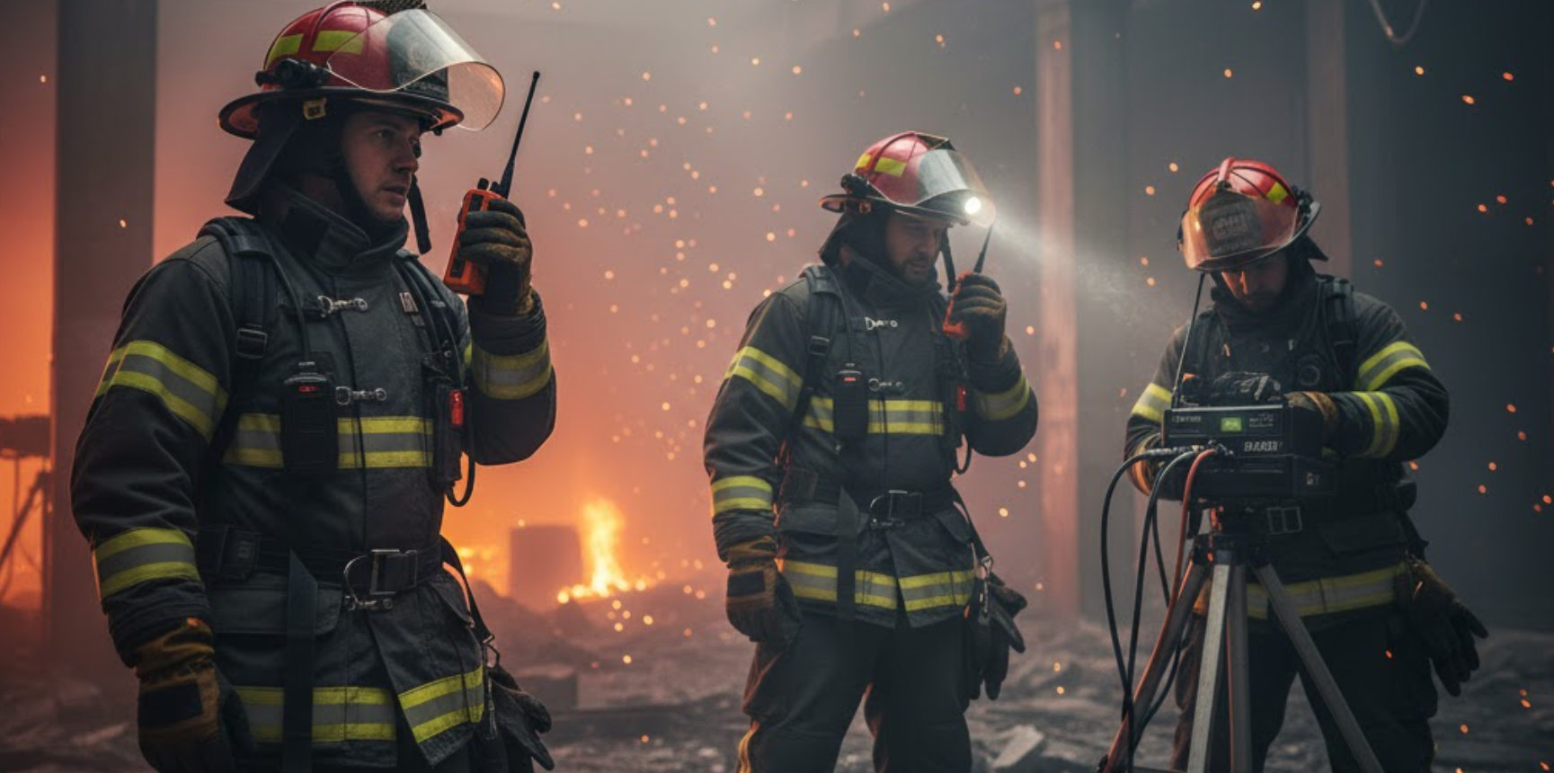 Firefighters use radios and communication equipment in a hazard zone.