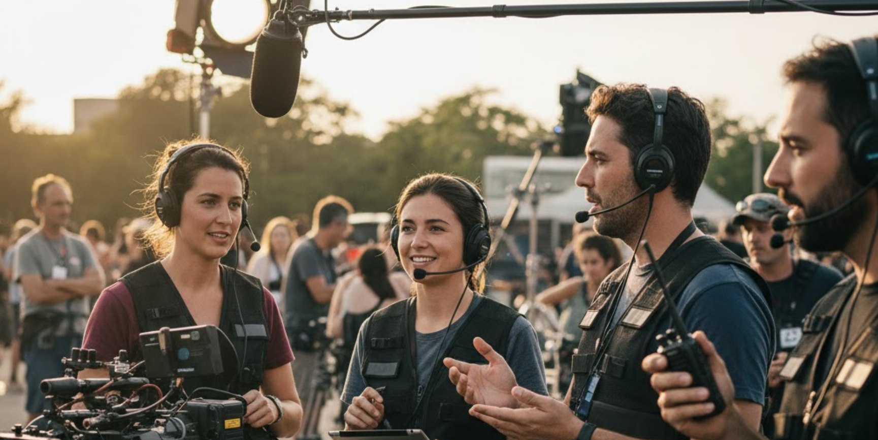 Film crew using full duplex audio headsets for coordination.