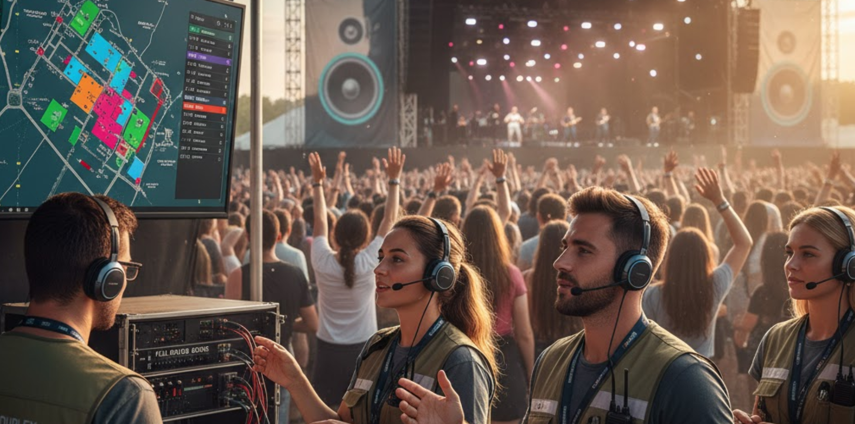 Event staff coordinating at a concert with full duplex headsets.