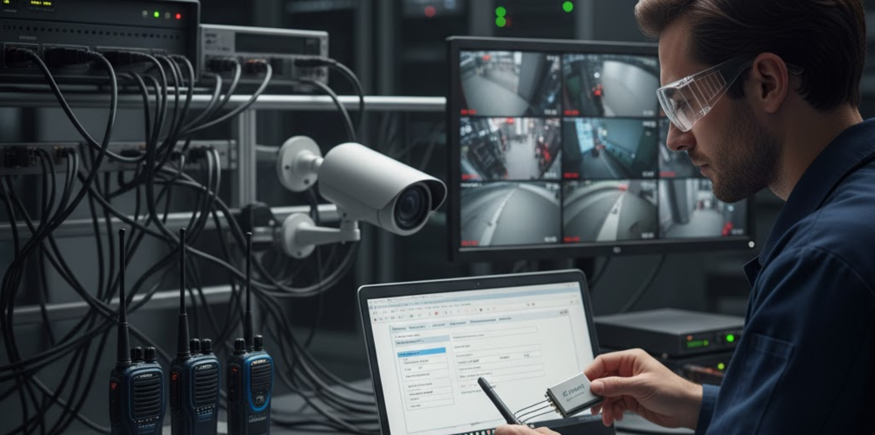 Technician integrating full duplex audio modules with a CCTV system.