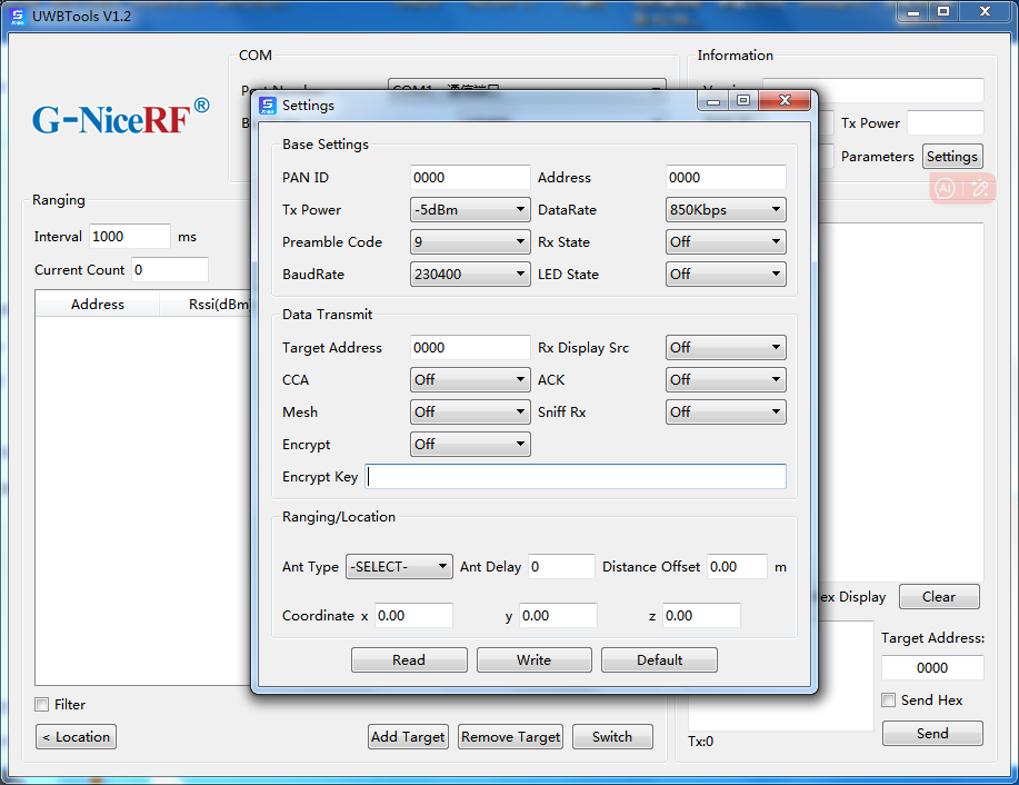 Screenshot of NiceRF UWBTools V1.2 PC configuration software for the UWB650 module Screenshot of NiceRF UWBTools V1.2 PC configuration software for the UWB650 module