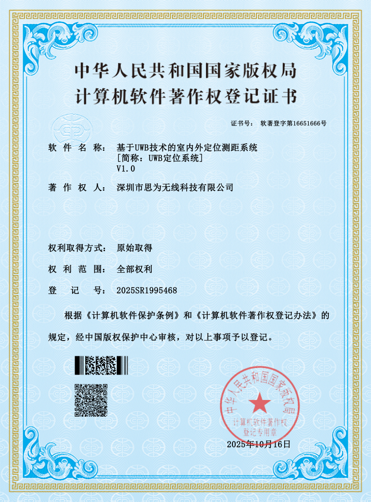 Official software copyright certificate for NiceRF's "Indoor and Outdoor Positioning and Ranging System V1.0" Official software copyright certificate for NiceRF's "Indoor and Outdoor Positioning and Ranging System V1.0"