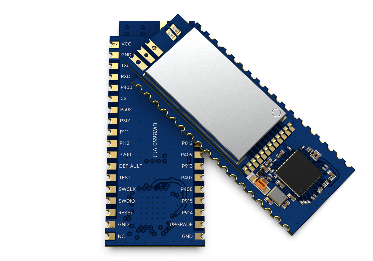 Top and bottom view of the NiceRF UWB650 wireless communication module. Top and bottom view of the NiceRF UWB650 wireless communication module.