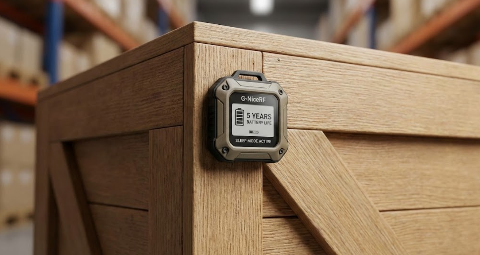 G-NiceRF UWB tag on a wooden crate displaying long battery life.