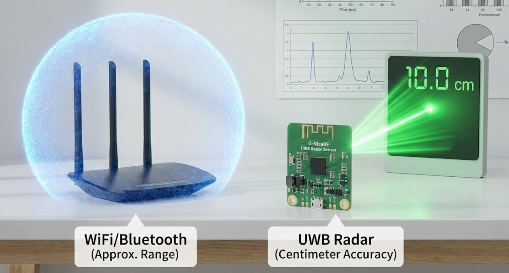 G-NiceRF UWB Radar Centimeter Accuracy vs. WiFi Approximate Range.