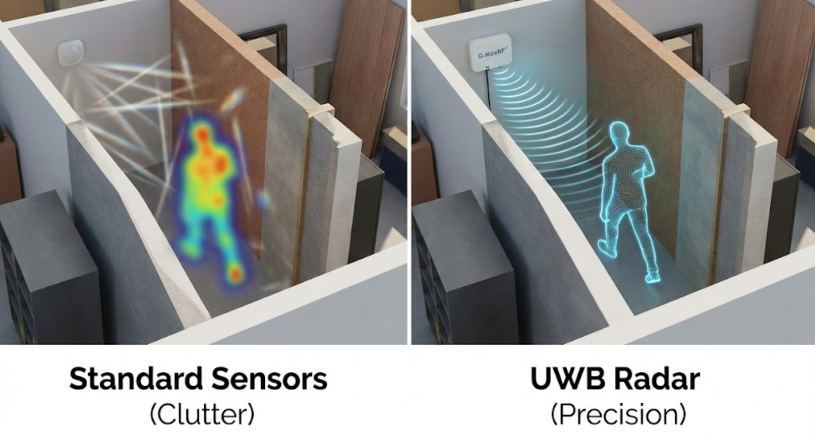 Visual Comparison: UWB Radar Precision vs. Standard Sensor Clutter.