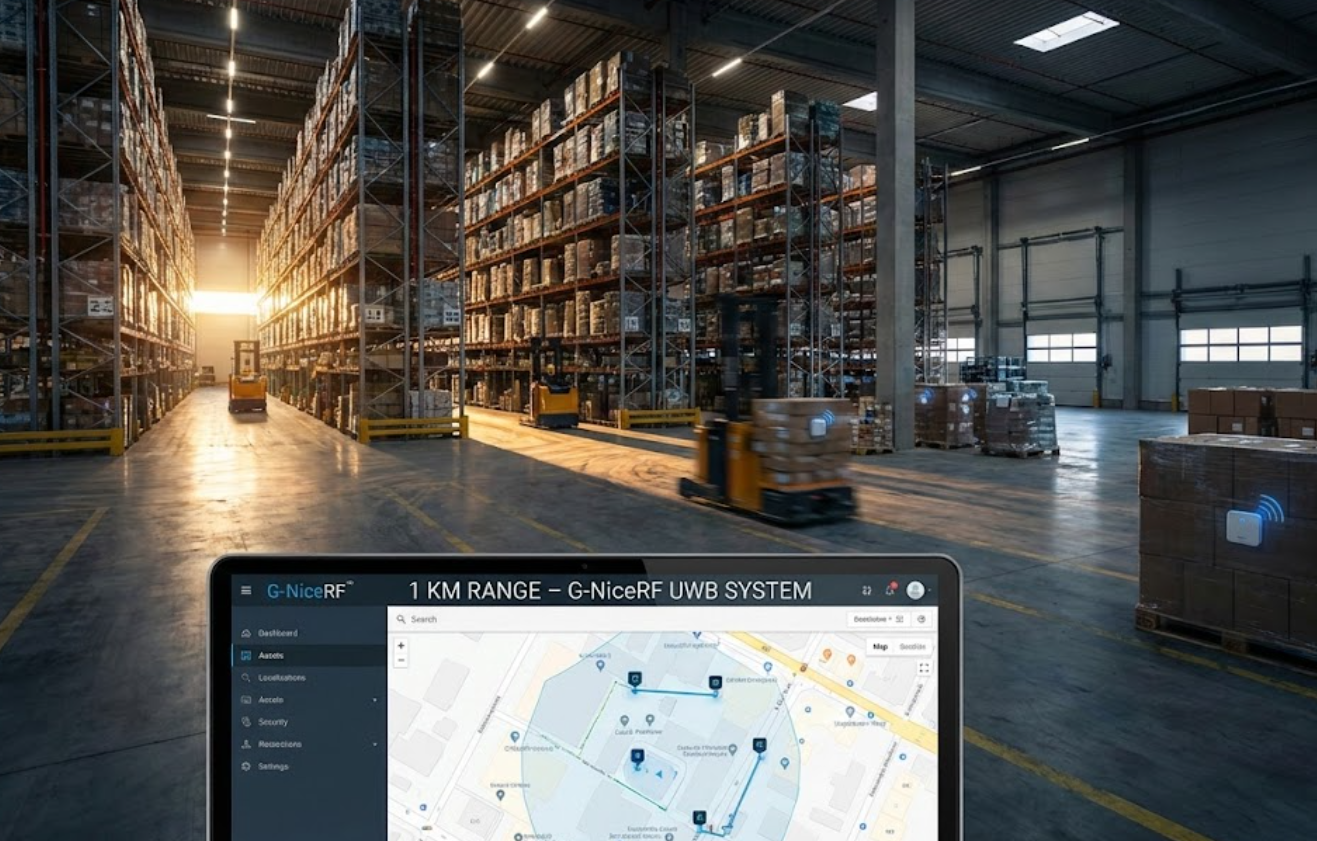 G-NiceRF UWB system tracking assets in a large logistics warehouse.