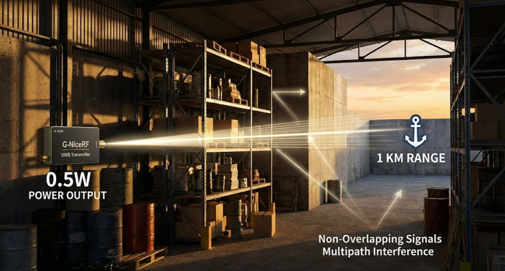 Visualizing 0.5W UWB signal penetrating obstacles in a cluttered environment.